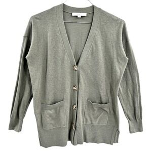 Loft Womens Sage Green Linen Blend V-Neck Button Front Cardigan Sweater Size S